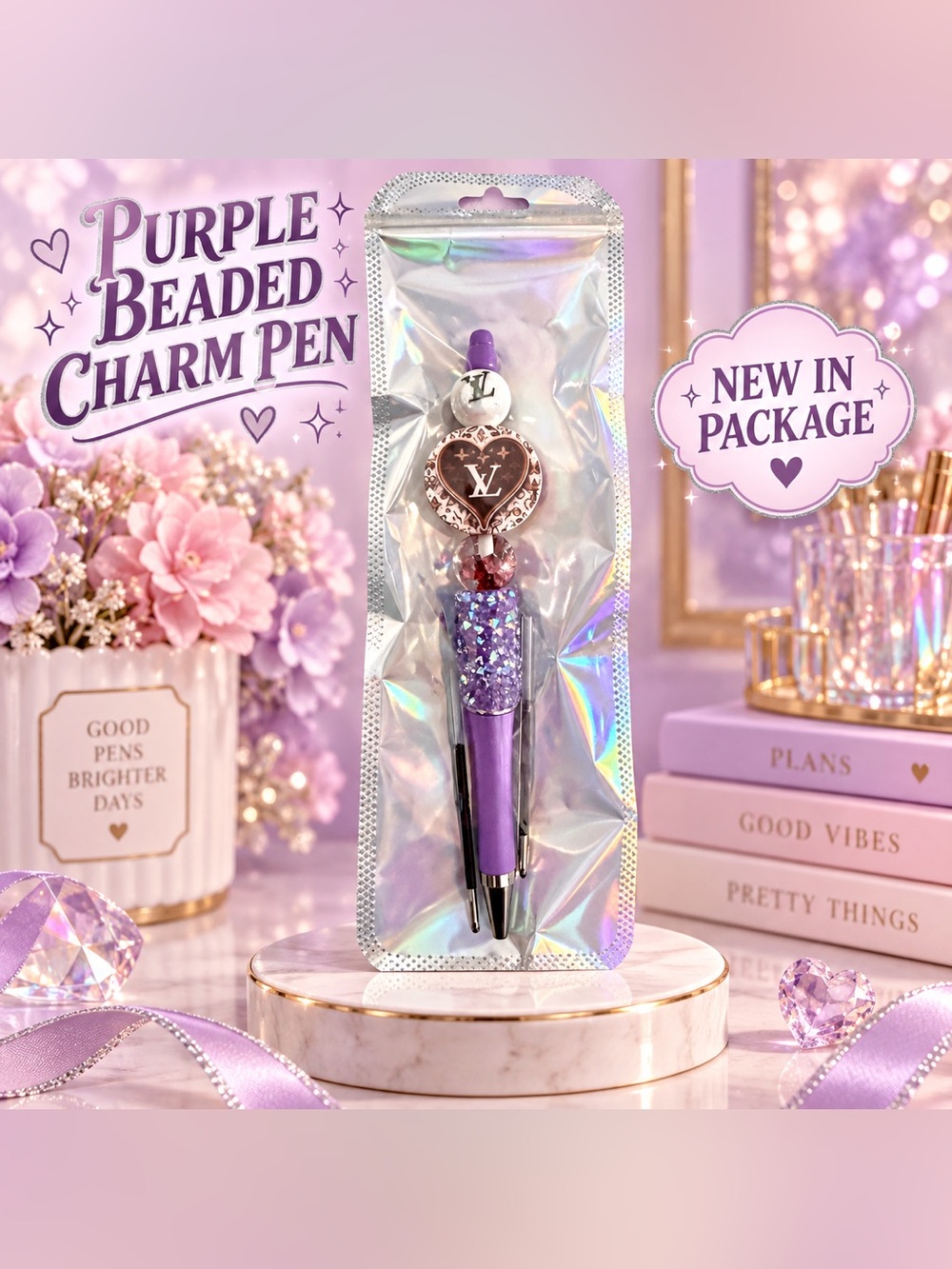 Purple Glitter Beaded Charm Pen – New in Package